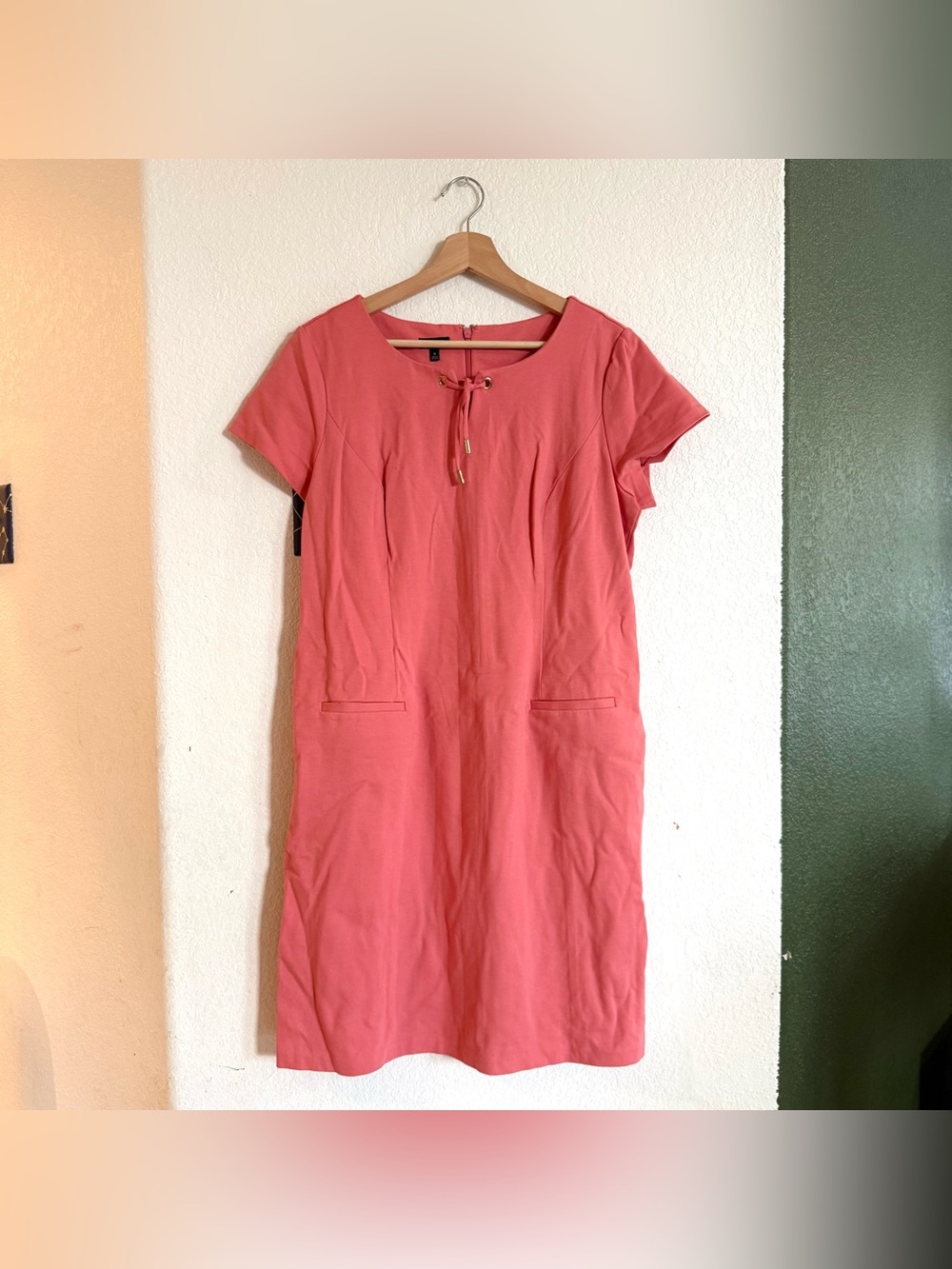 Talbots Womens Dress Pink Salmon Ponte Sheath Short Sleeve Split Neck Size 12